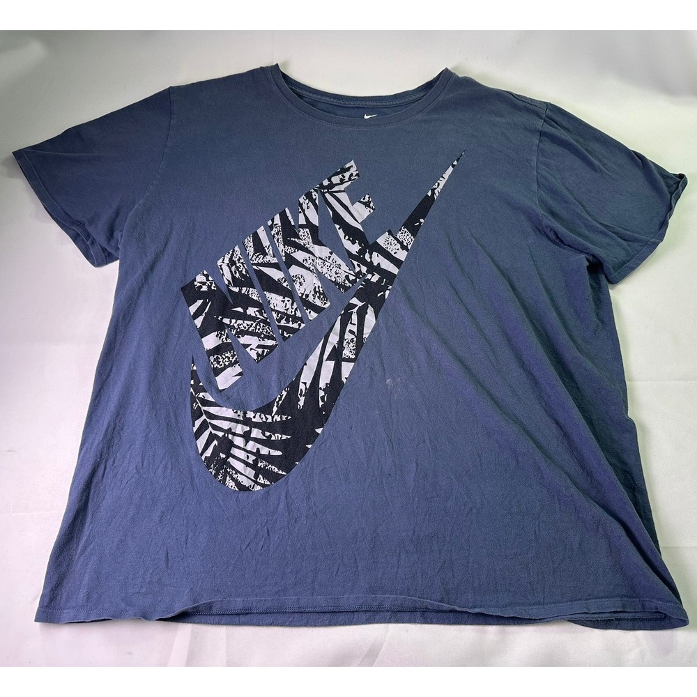 Nike Mens 2XL Heathered Slate Blue Palm Leaf Swoosh Graphic Tee Muted Tropical